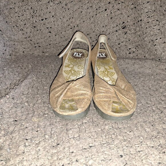 FLY LONDON-Yakin-Glitter Gold Wedge Sandals-Leather-Sz 38/7.5-Excellent - Picture 3 of 7